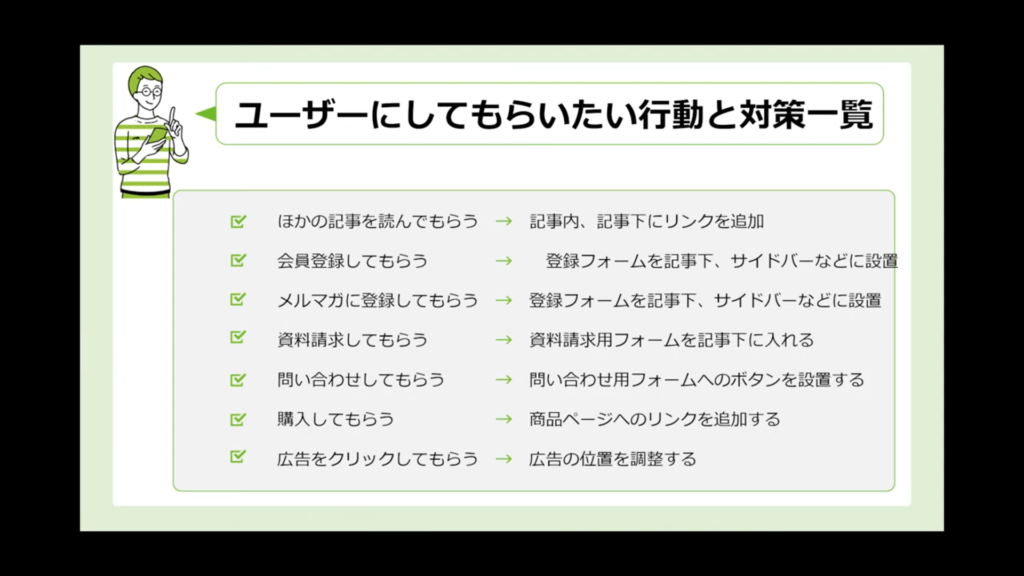 記事 ユーザーにしてもらいたい行動 対策 SEO